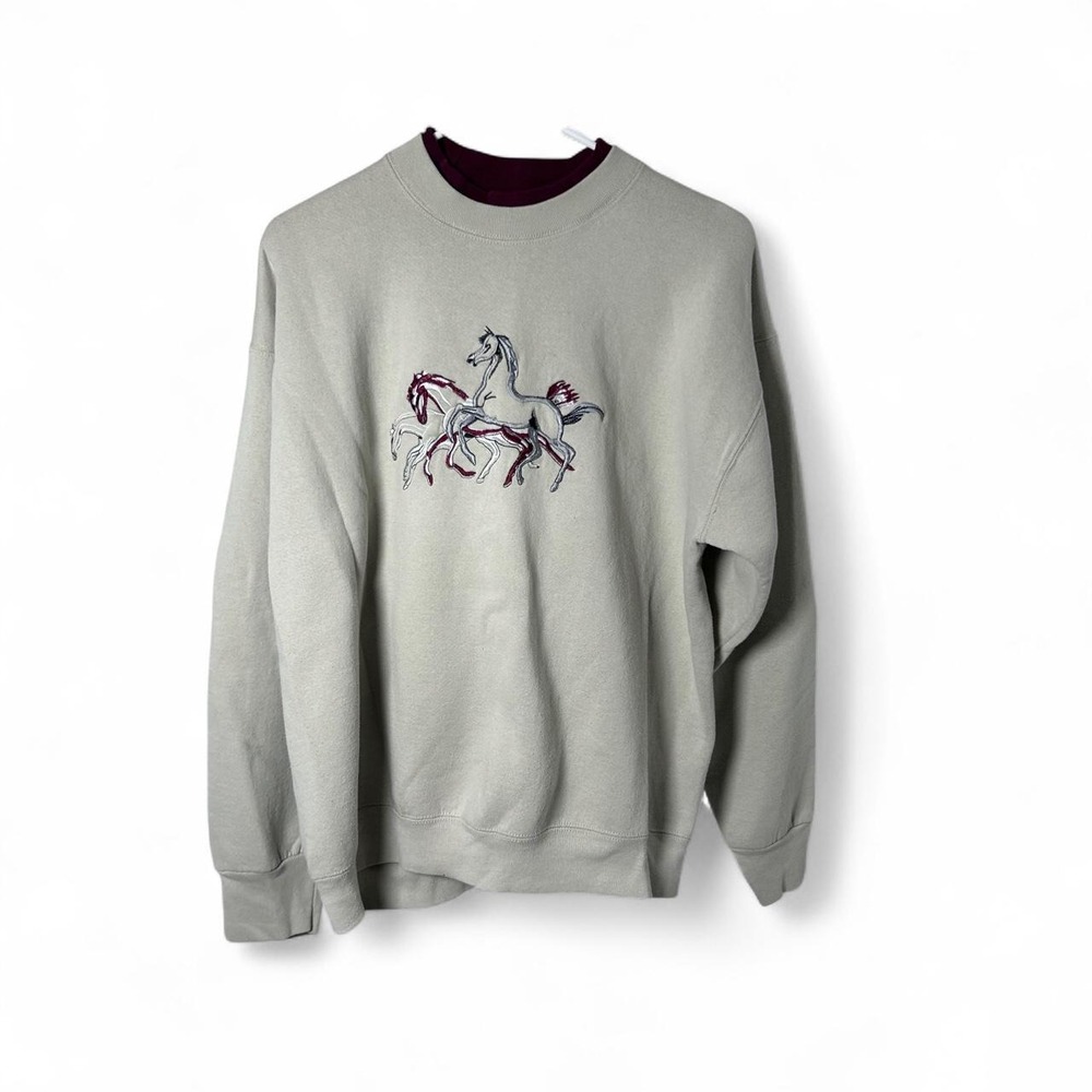 Vintage Embroidered Horses Sweatshirt L tan Crewneck Fleece Equestrian